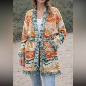 Colorful Fringe Cardigan Space Dye Cashmere Blend Large Boho Western